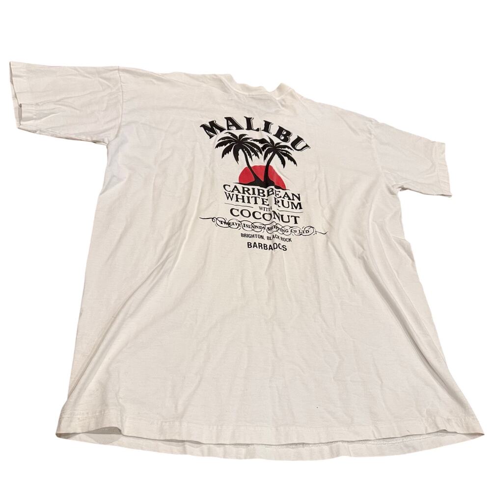 Vintage 90s Malibu Caribbean White Rum Coconut Barbados Beach T-Shirt - XL -READ